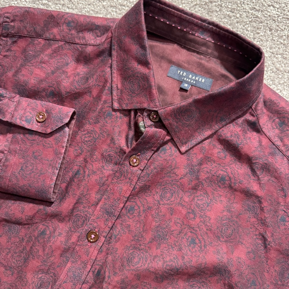 Ted Baker Shirt Men 16 L Burgundy Floral Rose 100% Cotton Modern Luxury Designer